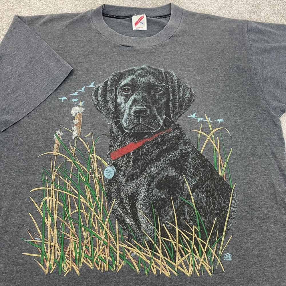 Vintage Jerzees T Shirt Mens Large 1996 Black Lab USA Single Stitch (Tag XL)